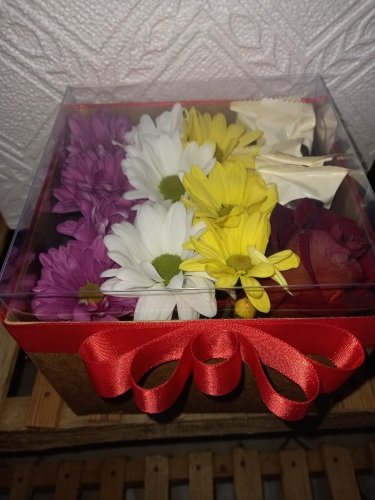 Asetat kutuda 5 adet çikolata ve canlı çiçek